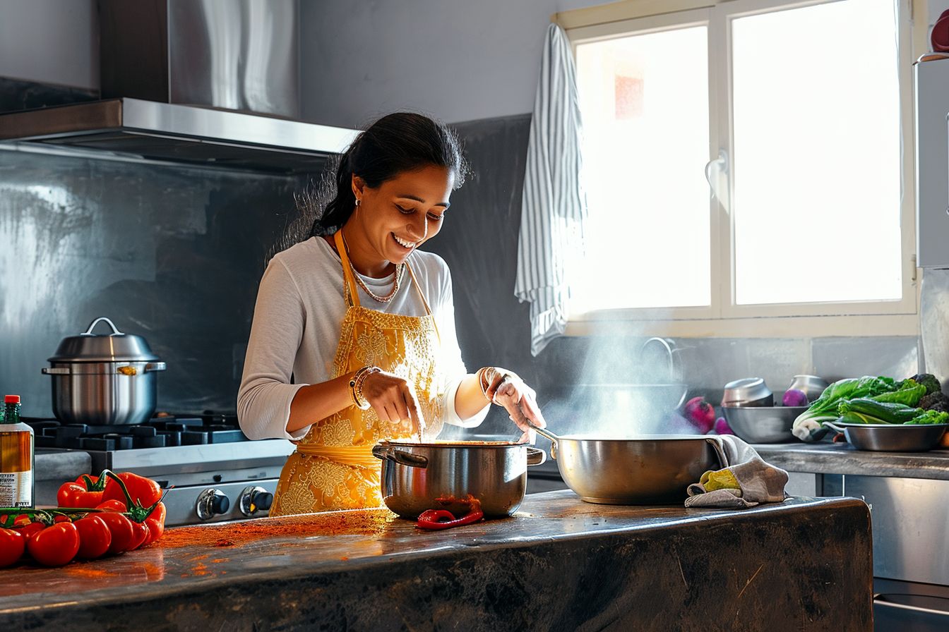 woman smiling while cooking